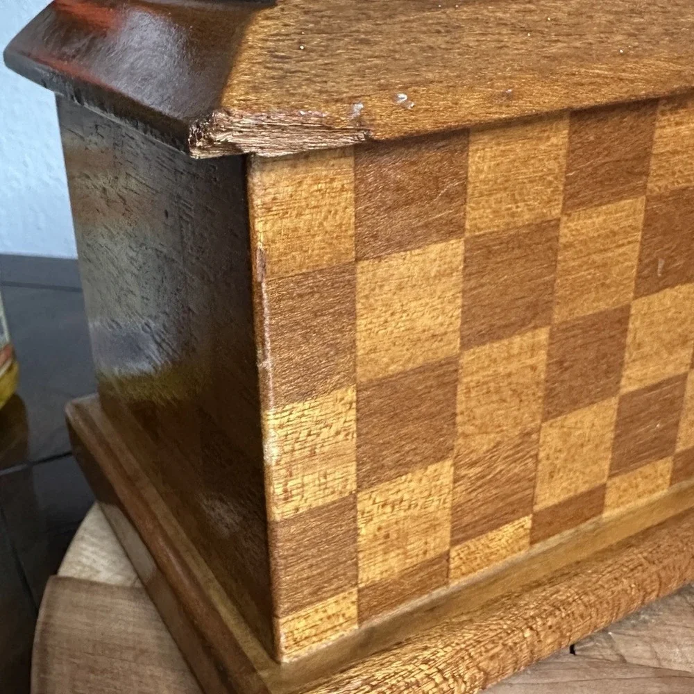Vintage Wooden Jewelry Box 7x5x5 Inch Chest Checkered Inlay Drawers Green Lined